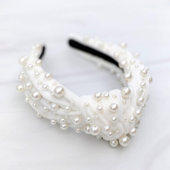 Ivory Pearl Knot Velvet Headband Pearl Beads Handmade Knotted Turban Maximalist main image 5